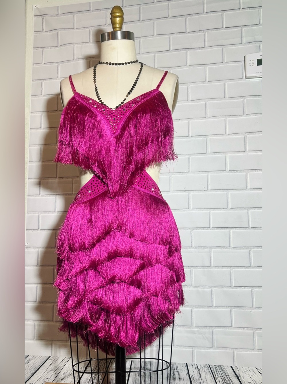 Magenta Fringe Salsa Dance Dress with Rhinestones